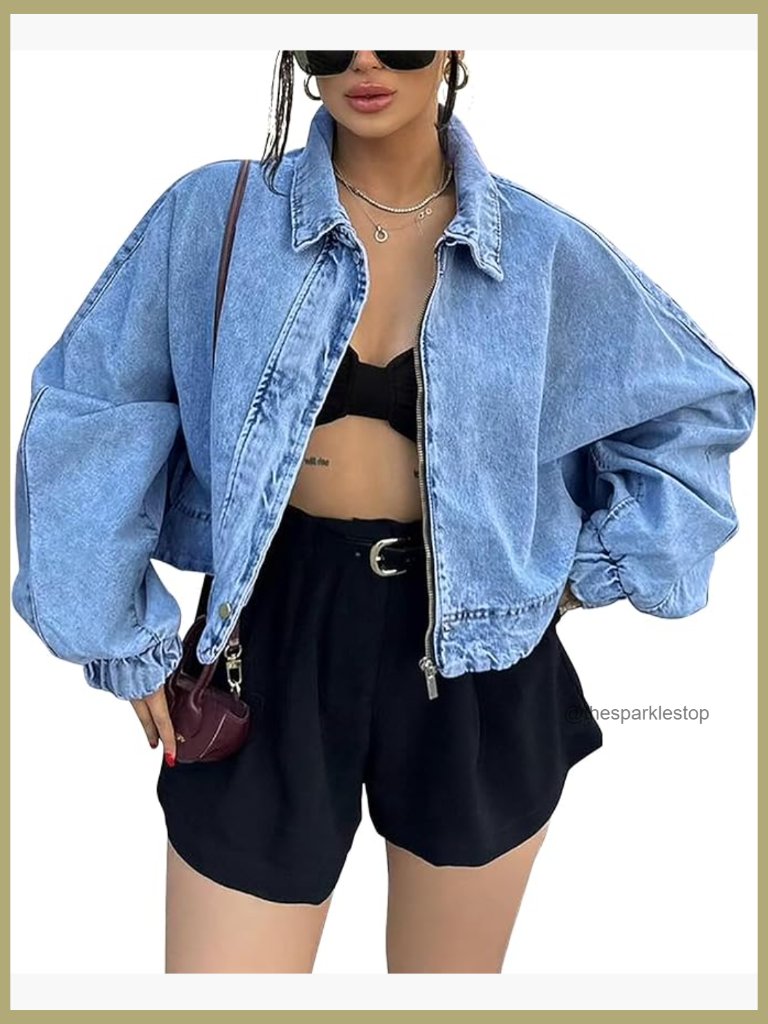 Oversized Cropped Denim Jacket Zip Up Bomber Shacket Jean Jacket For Women